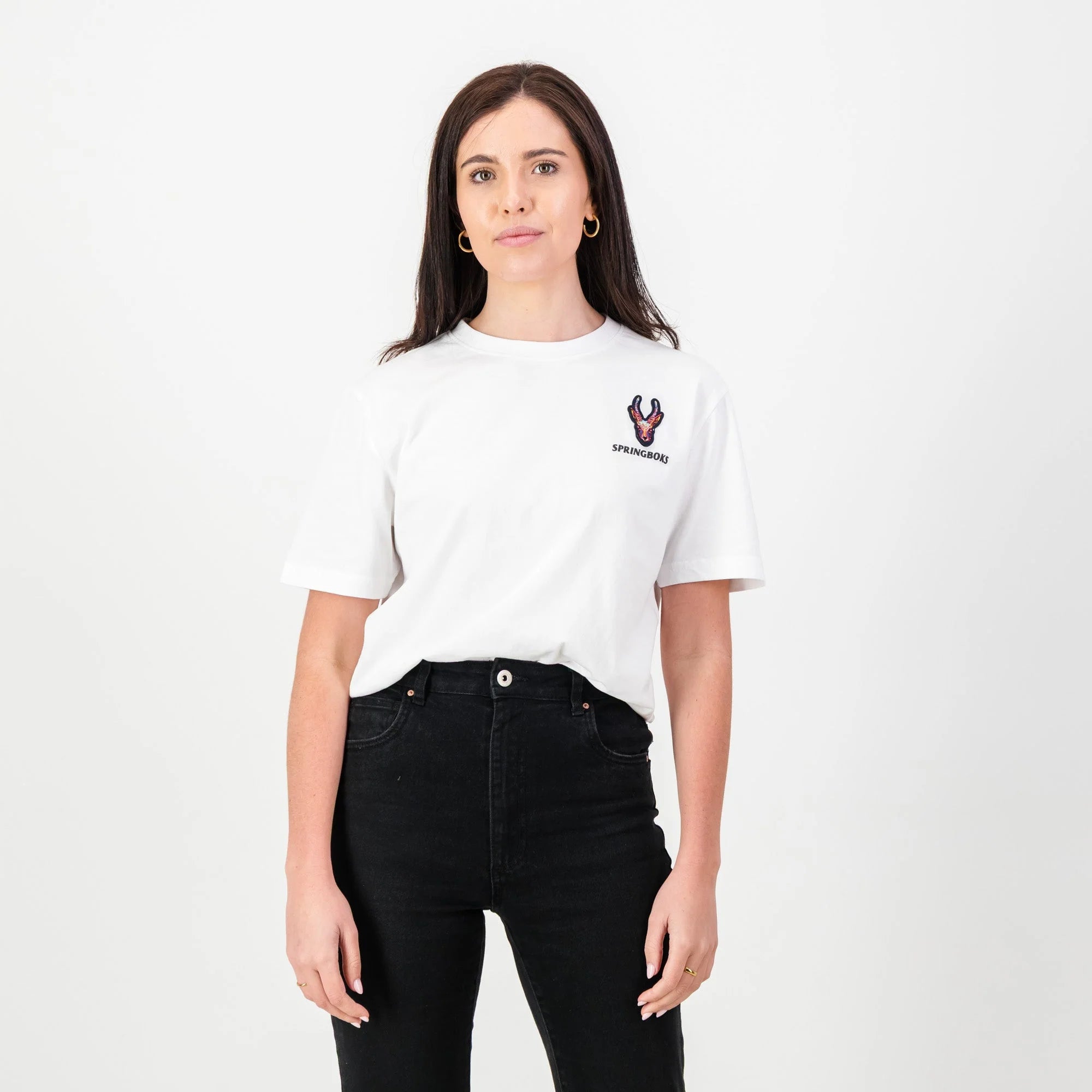 Springboks SML EMB Head Bok Regular Crew Tee-White