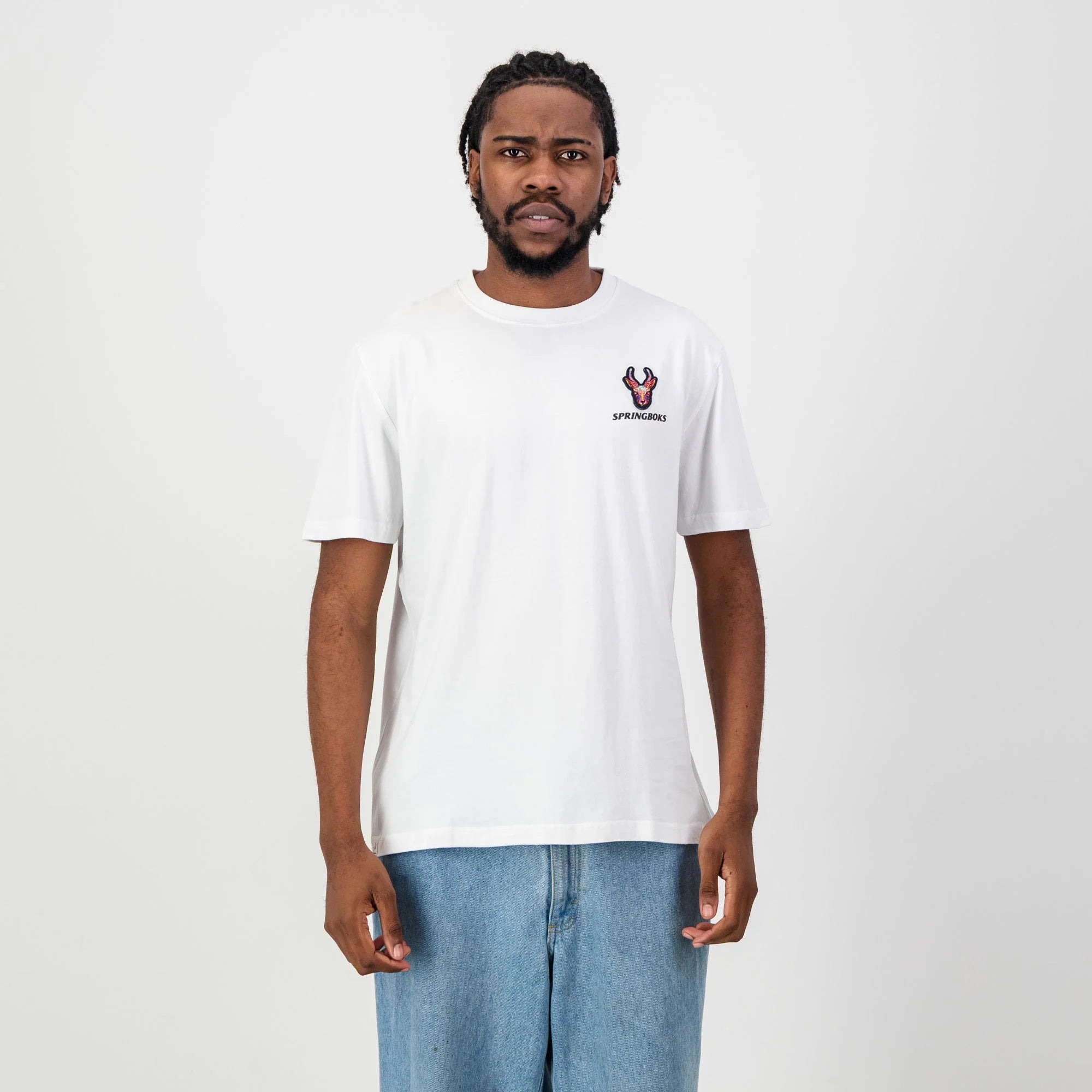 Springboks SML EMB Head Bok Regular Crew Tee-White