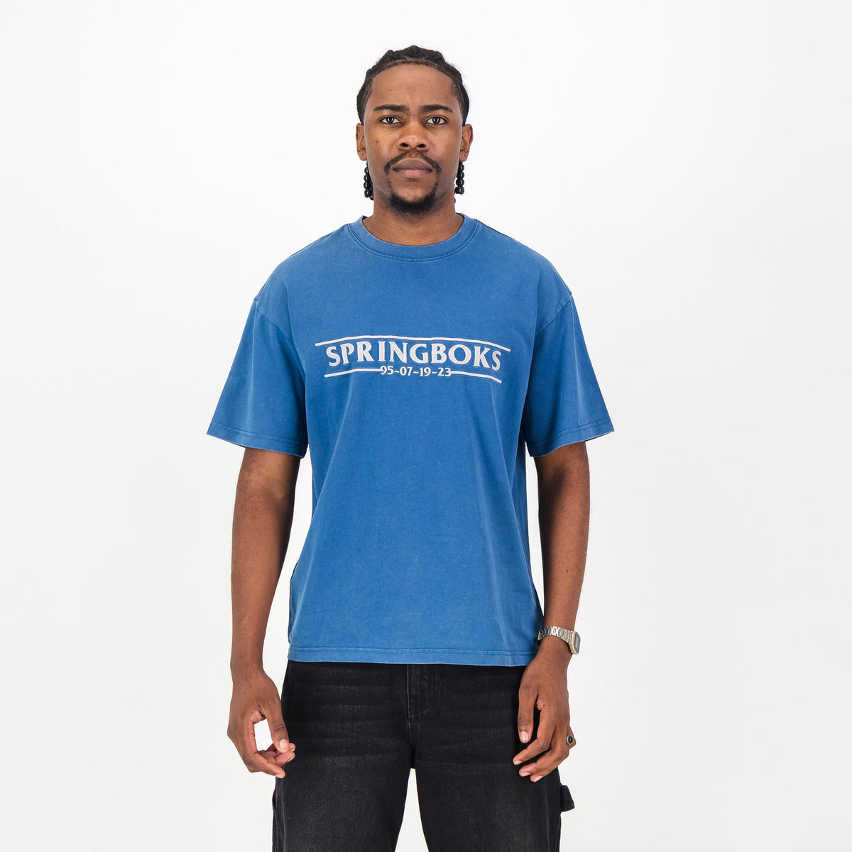 Springboks Four Wins Acid Wash Boxy Crew Tee-Navy